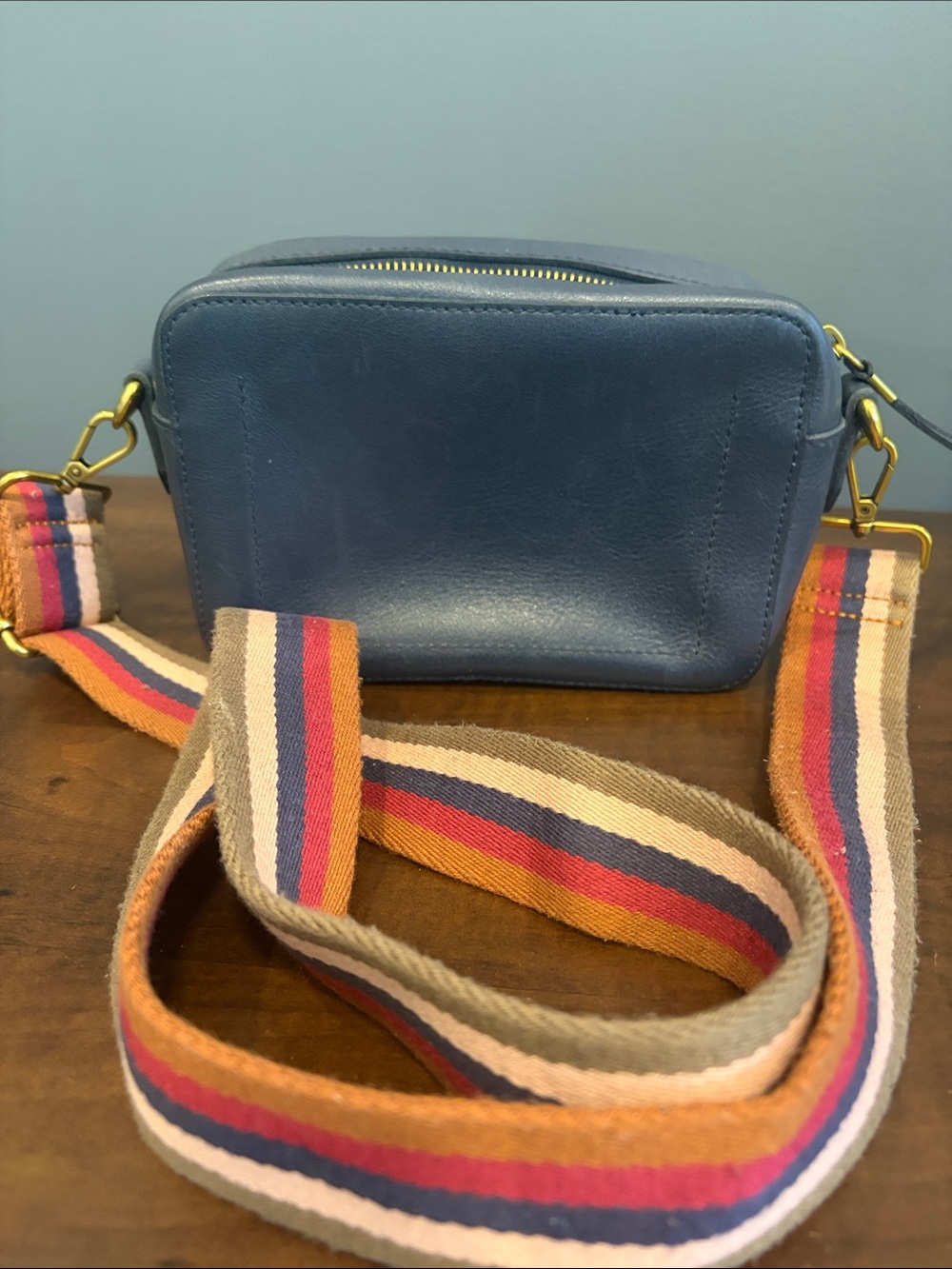 Madewell Blue Leather Crossbody Bag with Multicolor Stripe Strap